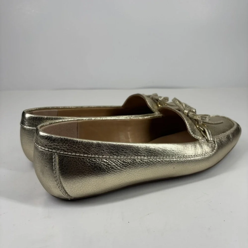 Talbots Women's US 7M Metallic Gold Leather Bow Tie Slip-On Loafers‎ Flats Shoes